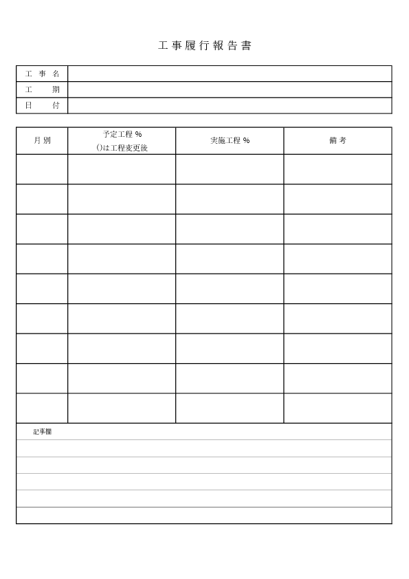 工事履行報告書 Excelテンプレートのプレビュー