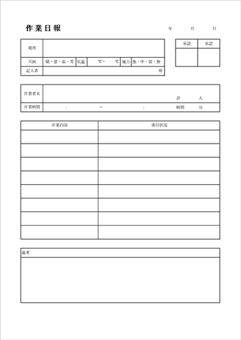 工事日報 工事場所・作業者別 Excelテンプレートのプレビュー